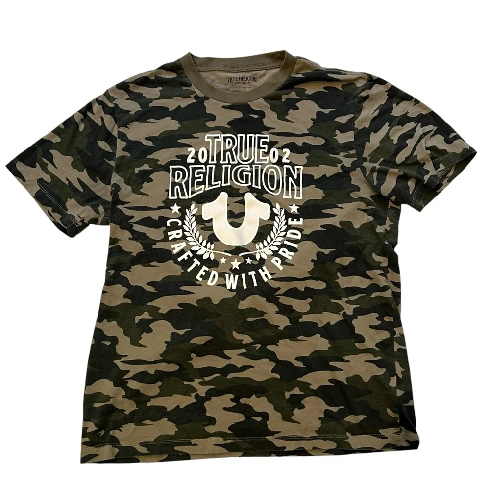 True Religion Mens Graphic Tee Camo Print White Logo Crew Neck, Sz XL